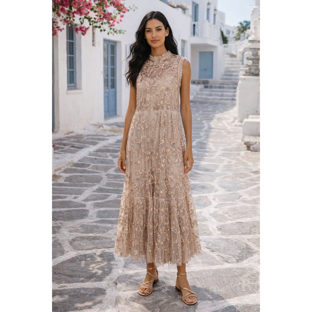 NWT - SUNDANCE TOLANI Relle Beige Embroidered Lace Midi Dress, Slip, Sz M